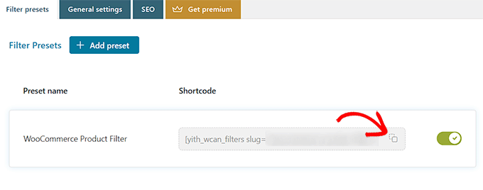 Copy the shortcode for the filter preset