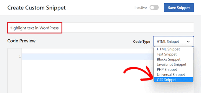 CSS Snippet as code type for the highlighting text in WordPress