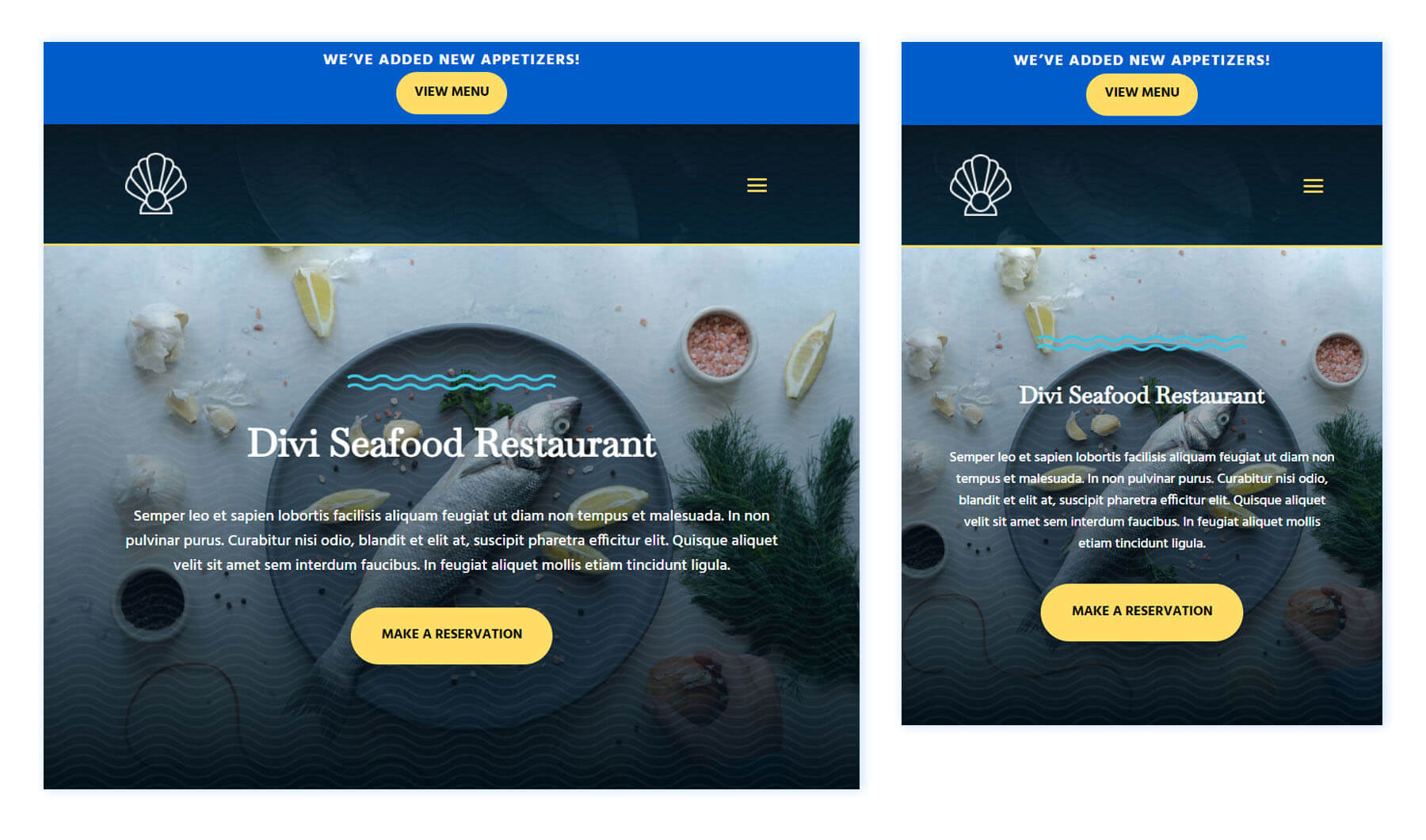 Divi Seafood Restaurant Header design tablet and mobile view