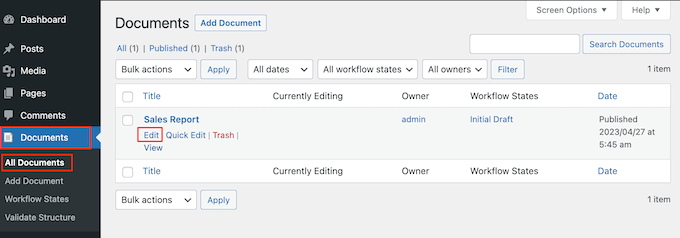 Editing a document's settings in WordPress