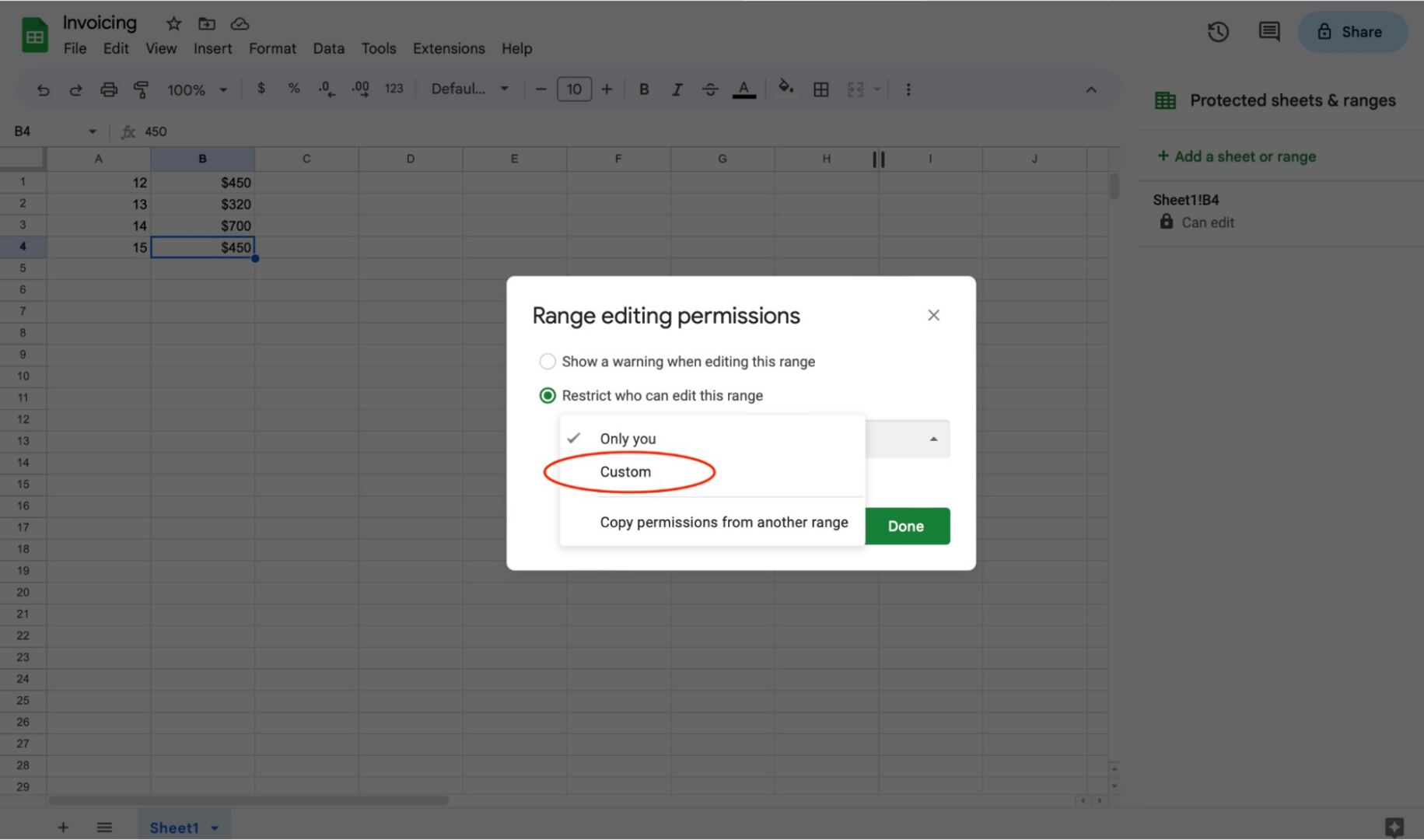 How to lock cells in google sheets, step 7: select “custom.”