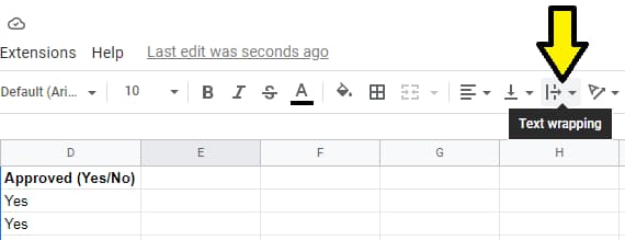 how to wrap text in Google Sheets from the toolbar, an arrow pointing to the text wrapping icon on the toolbar