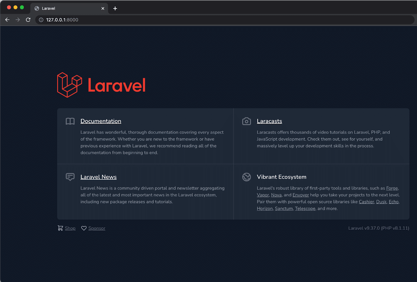 Welcome page of the Laravel application