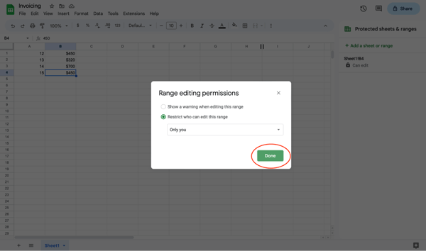 Google sheets protected cells, step 6: select “done” after “set permissions.”