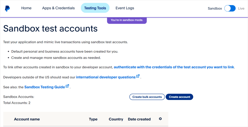 PayPal sandbox test accounts screen.