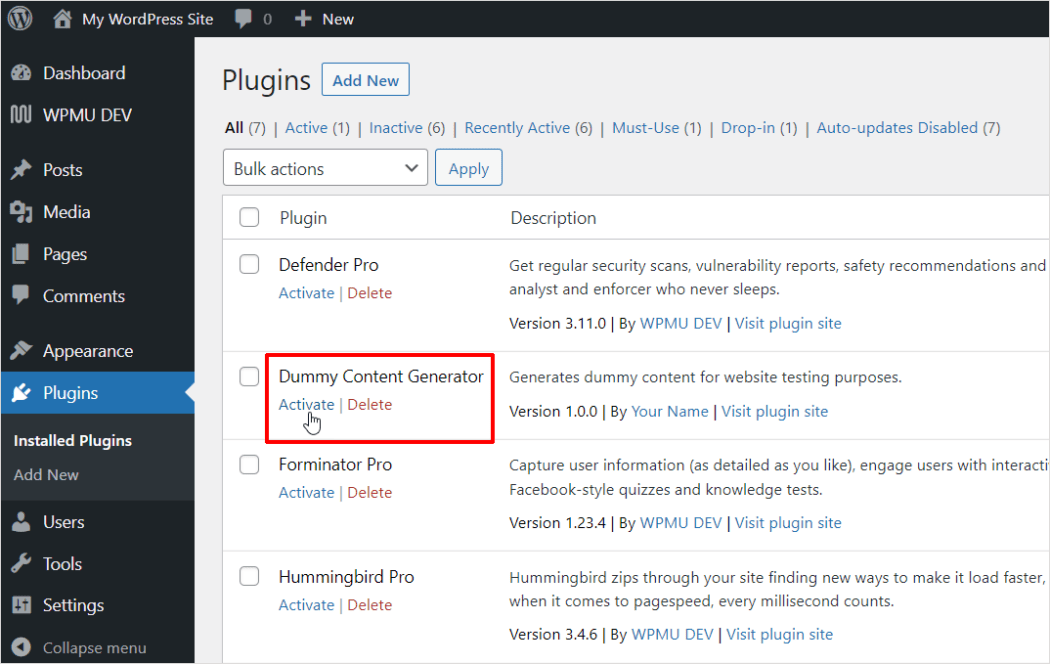Plugins screen - Dummy Content Generator activation menu link.