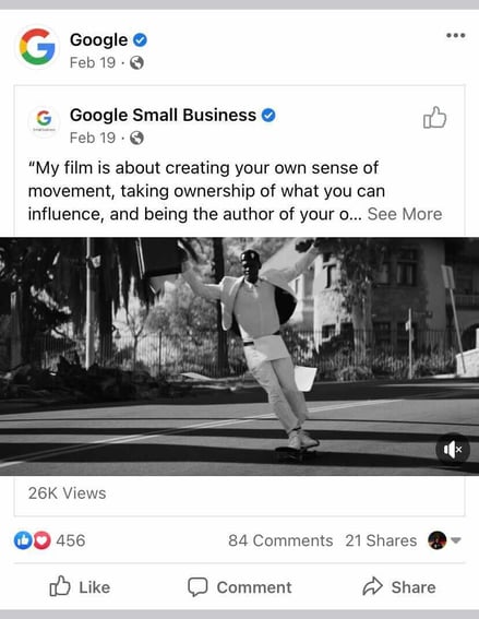 Google's Facebook page reposting a video post from the google small business Facebook page