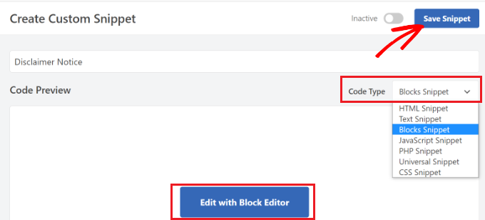 Select blocks snippets and save