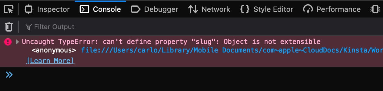 Uncaught TypeError: can't define property 