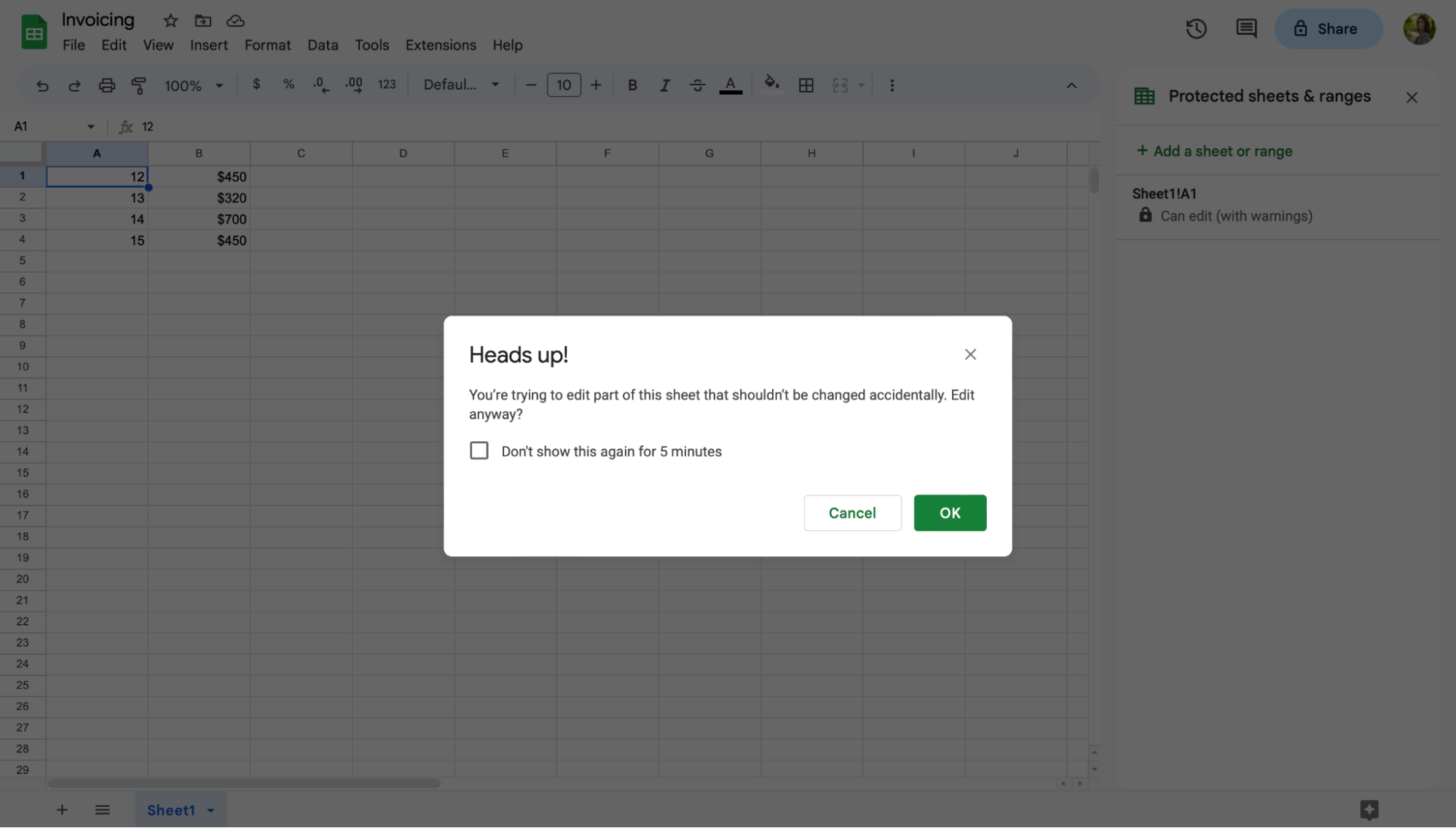 How to lock cells in google sheets, step 7: If a user tries to make changes in the semi-locked cell or Sheet, they will receive a warning message as a heads-up.