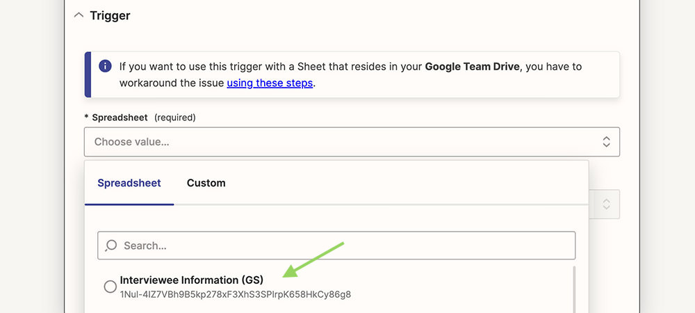 sleect Google Sheets spreadsheet