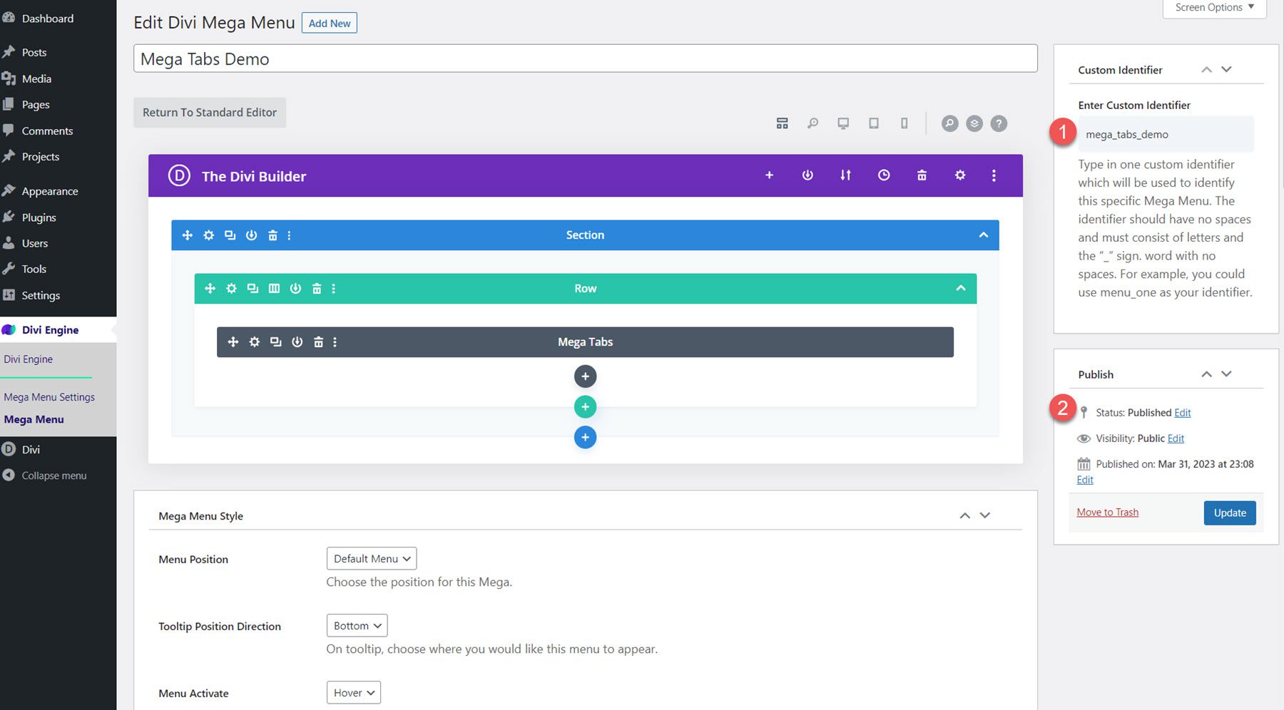 Divi Mega Menu Custom Identifier