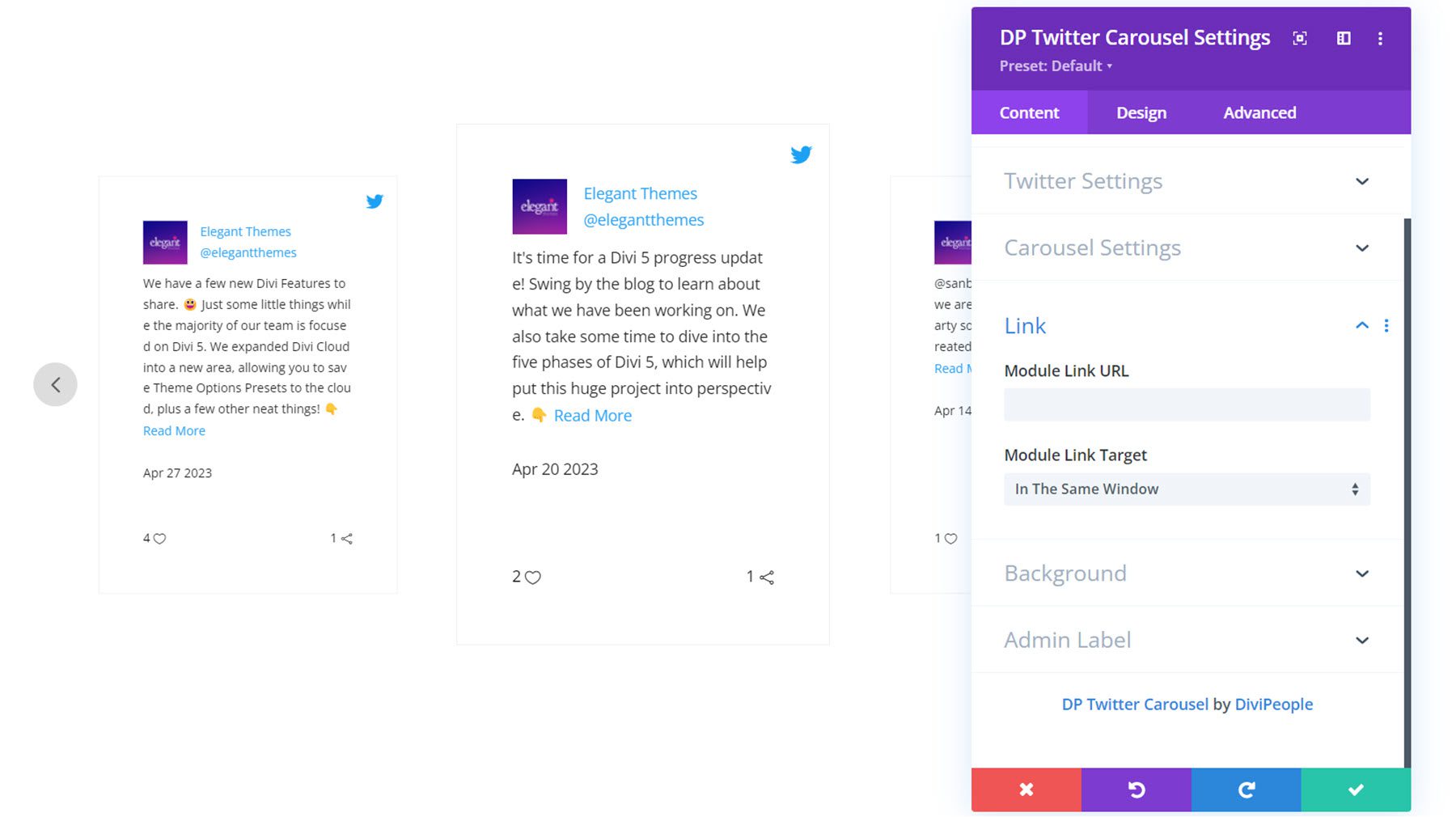 Divi Social Plus Twitter Carousel Content Settings