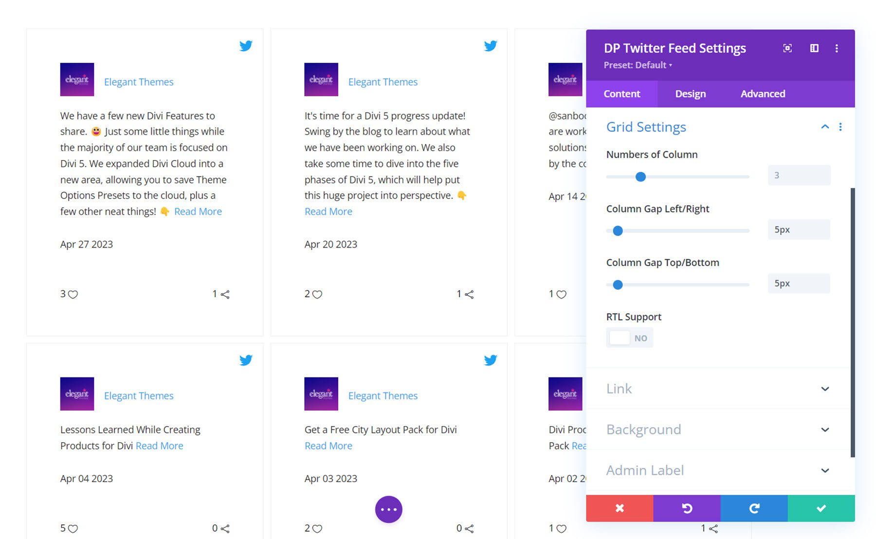 Divi Social Plus Twitter Feed Grid Settings