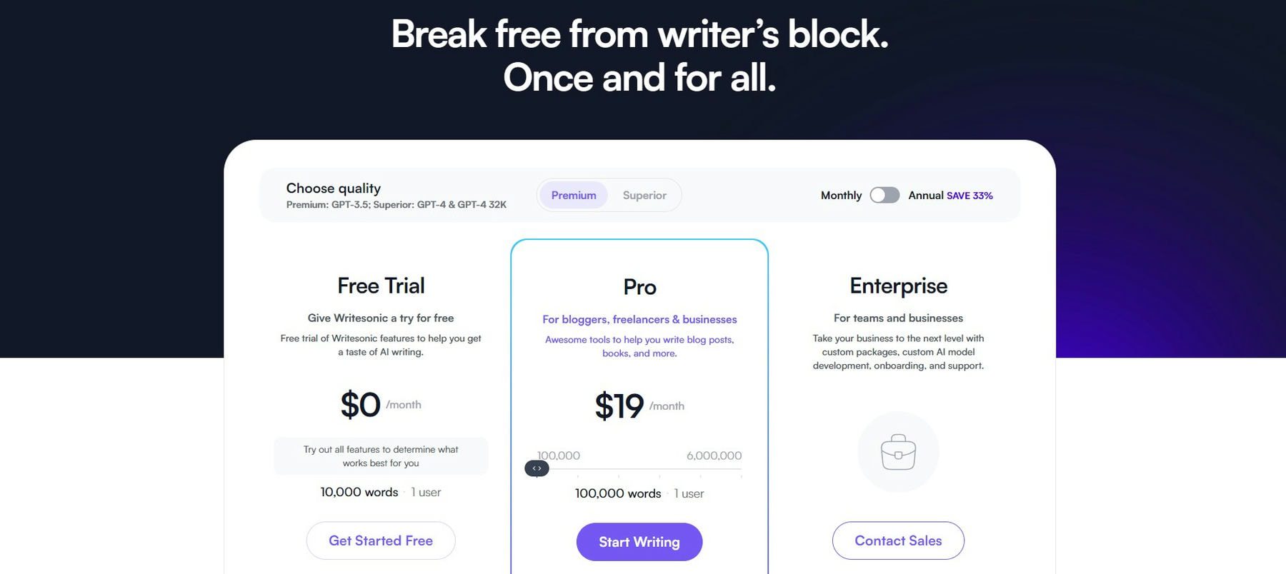 WriteSonic Pricing Page - June 2023