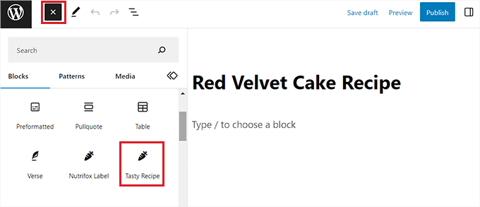 Add the Tasty Recipes block into the block editor