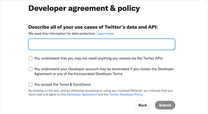 Agreeing to the Twitter Developers terms