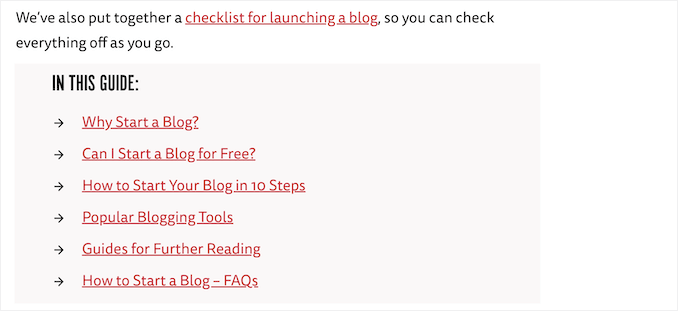 An example of blog's table of contents