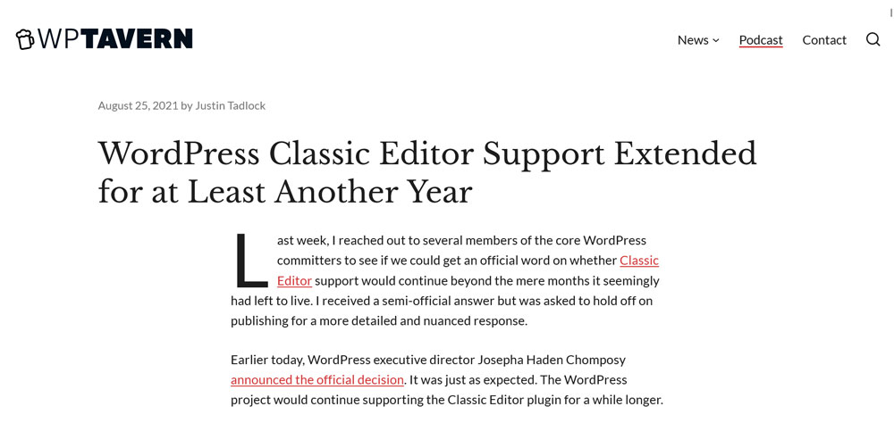 classic editor support prolonged announcement