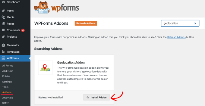 Navigate to WPForms » Addons and Install the Geolocation Addon