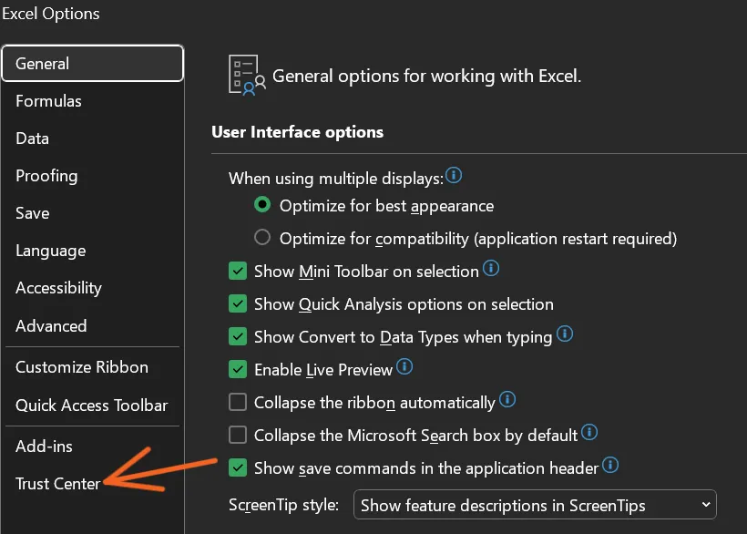 How to enable micros in Excel — Step 2: Click on Excel options, then trust center