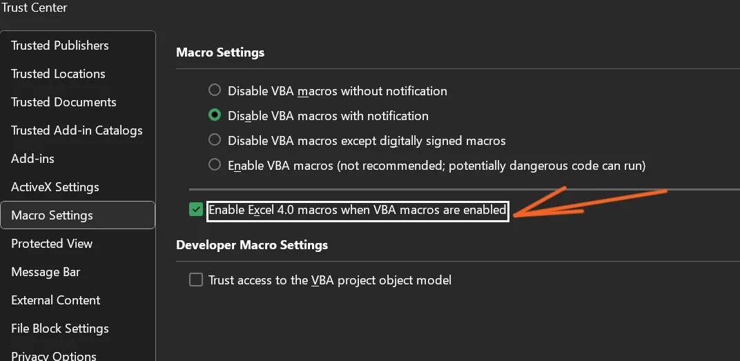 How to enable micros in Excel — Step 3: Tick the box for enable Excel 4.0 macros