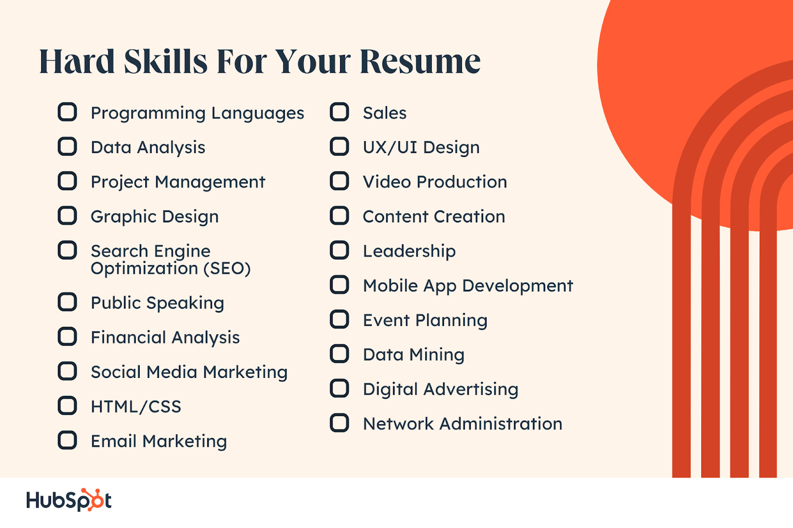 hard skills for your resume. Programming Languages. Data Analysis. Project Management  Graphic Design. Search Engine Optimization (SEO). Public Speaking. Sales. UX/UI Design. Video Production. Content Creation. Leadership. Mobile App Development. Financial Analysis. Social Media Marketing. HTML/CSS. Email Marketing. Event Planning. Data Mining. Digital Advertising. Network Administration.