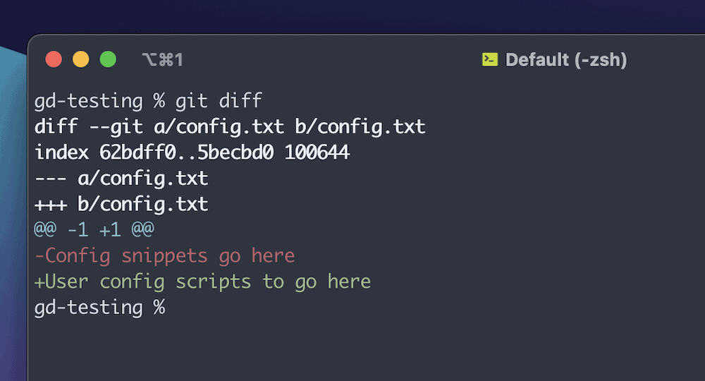 A portion of the Terminal window that shows a typical git diff output. It shows the files being compared, the index refs, the key and legend for changes between the documents, and the actual changes themselves.