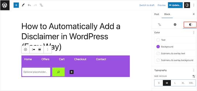 Customizing the WordPress menu in a page or post