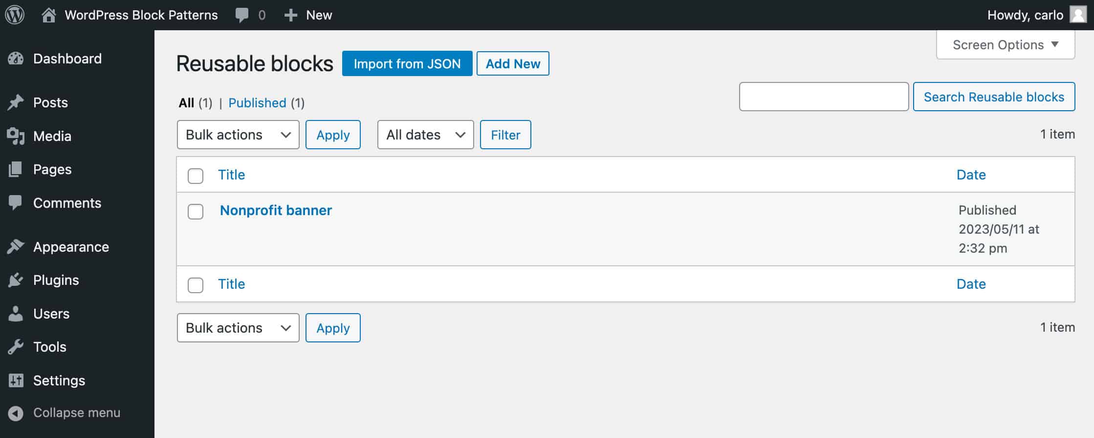 Reusable blocks admin screen