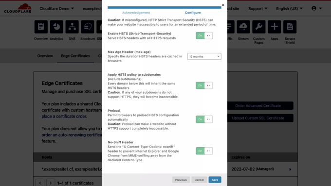 Enable HTTPS security headers in Cloudflare