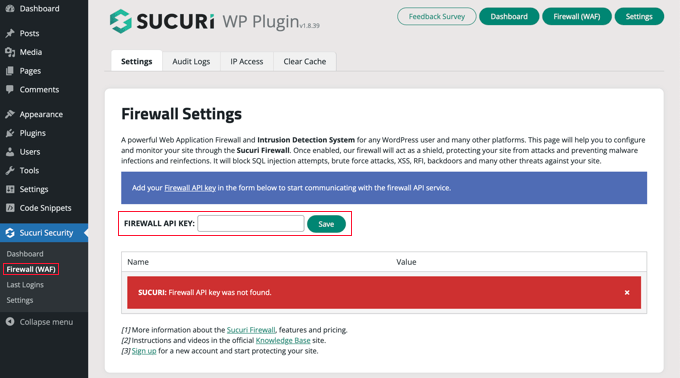 Sucuri WAF API key