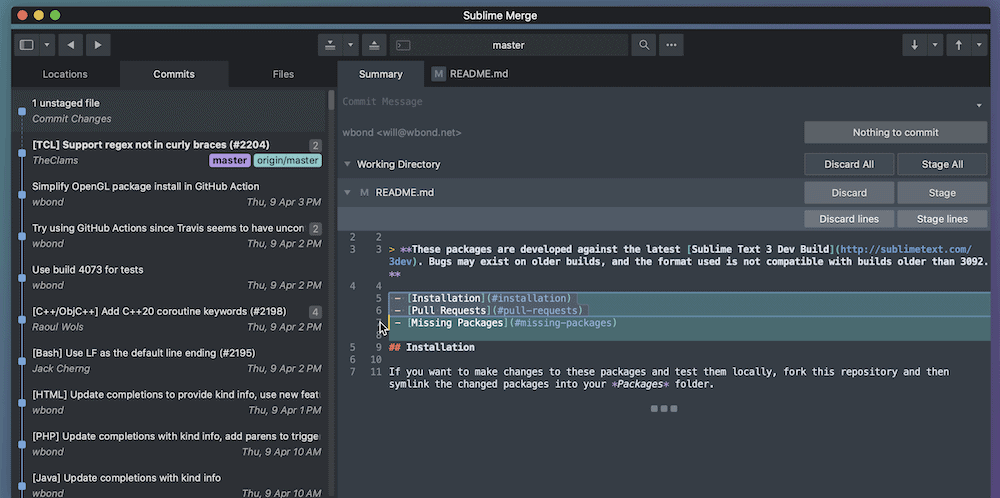 The Submline Merge interface, showing a list of commits on the left-hand side of the screen, along with a summary of the changes and conflicts with a specific commit on the right.