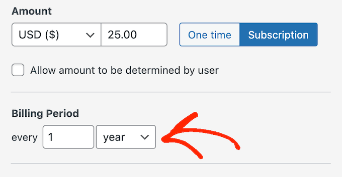 Setting a billing period for a subscription form in WordPress