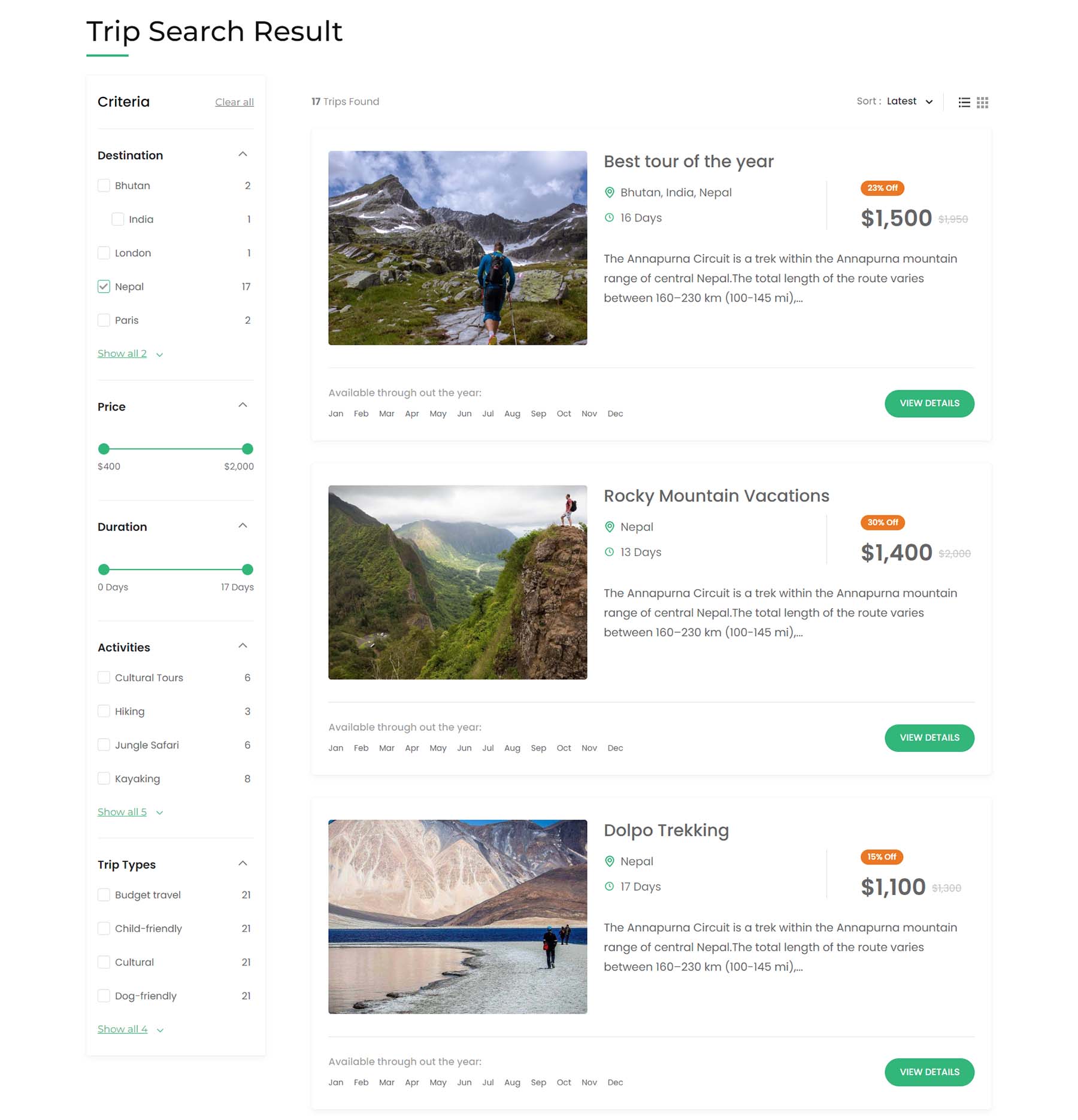 Travel Agency trip search results