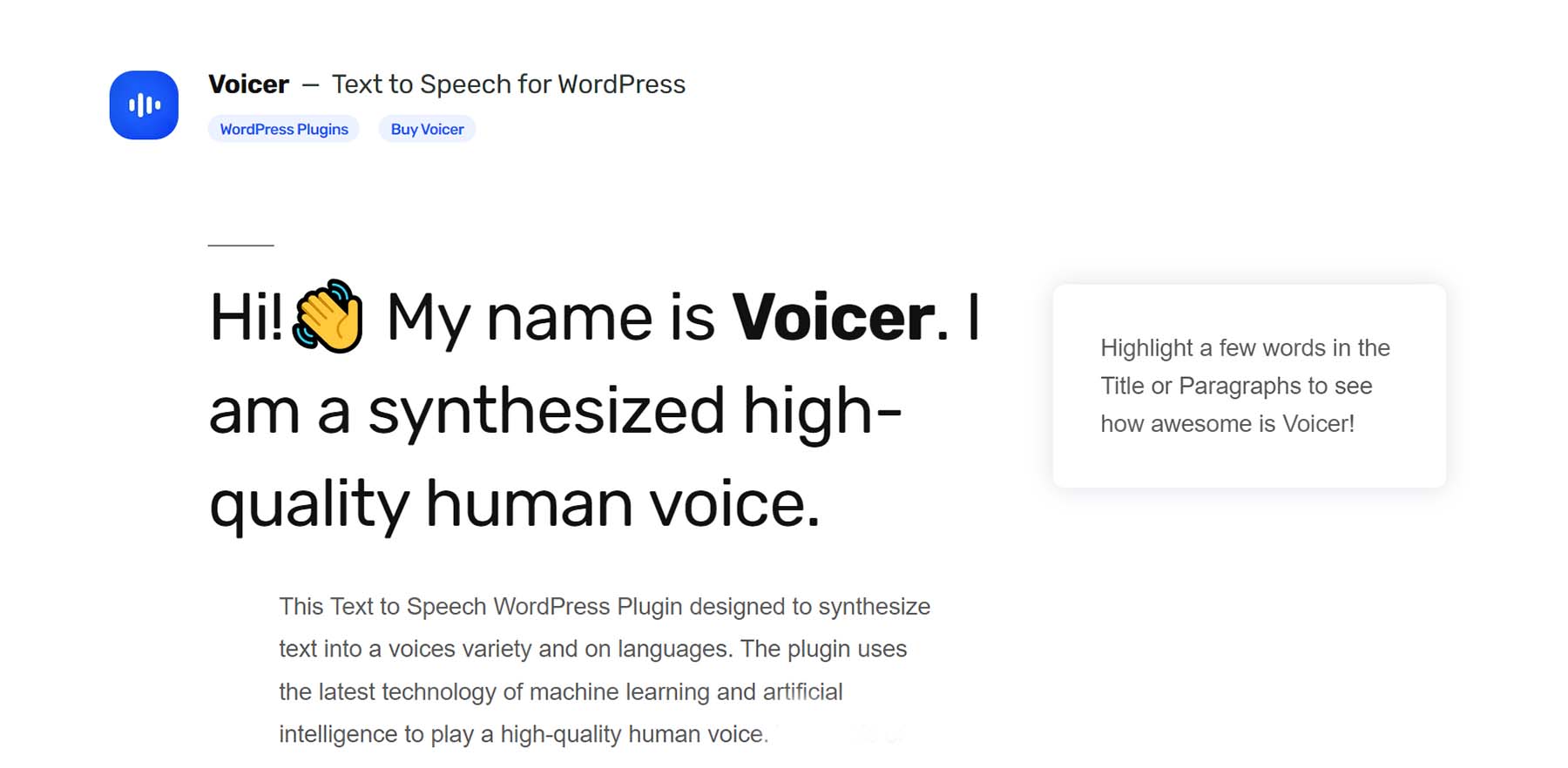 Voicer, text to speech via AI for WordPress