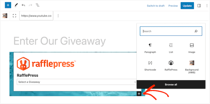 Adding a RafflePress giveaway block to a video background