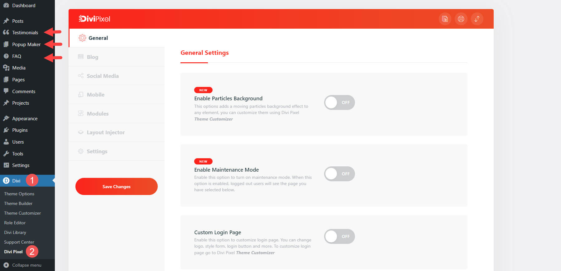 Divi Pixel Settings Screen