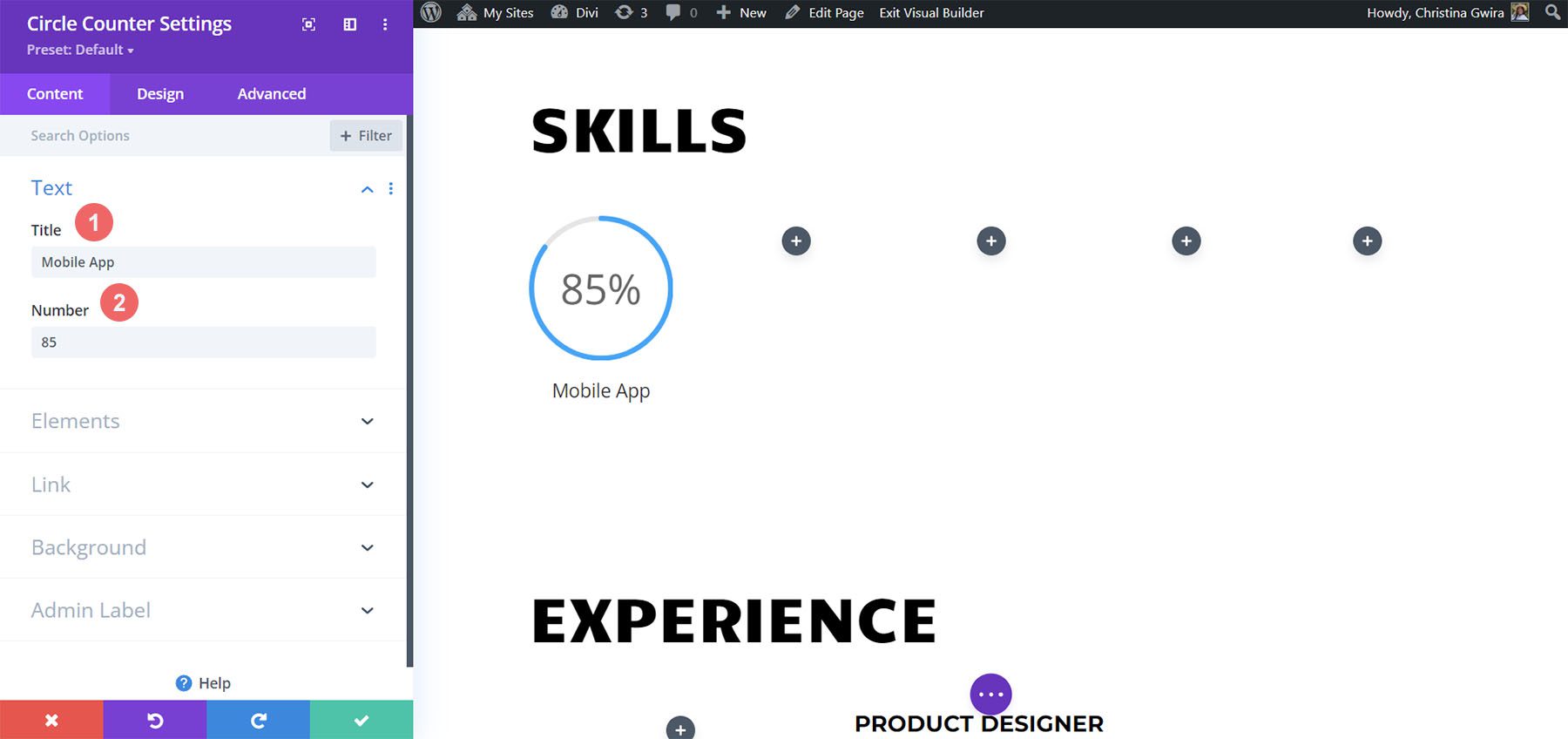 Adding text content to Circle Counter Module in our online resume website design