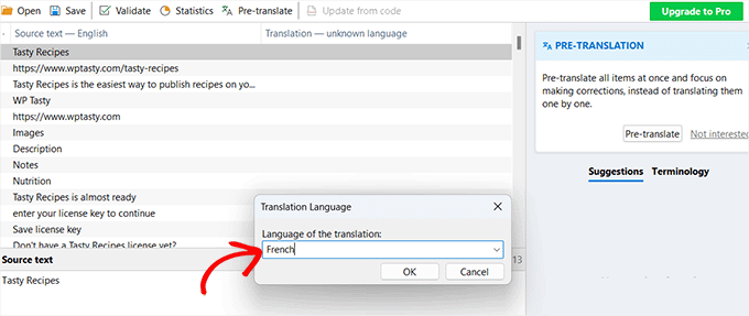 Choose a translation language in Poedit