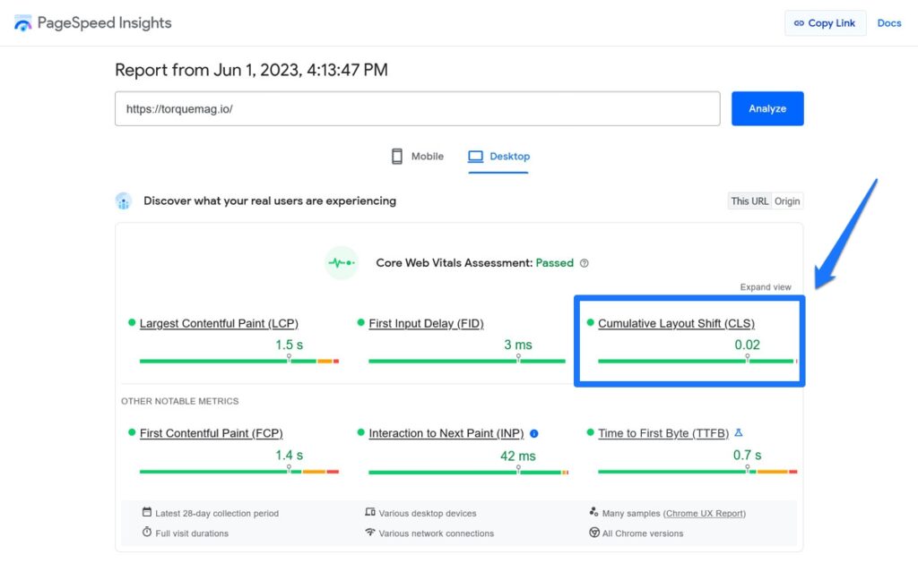 cls metric in pagespeed insights