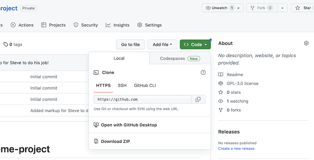 A portion of a repo within Github. The main part of the image shows the green Code drop-down menu, complete with the HTTPS URL for the repo itself, and options to download a ZIP file of the repo, and to open it with GitHub Desktop.