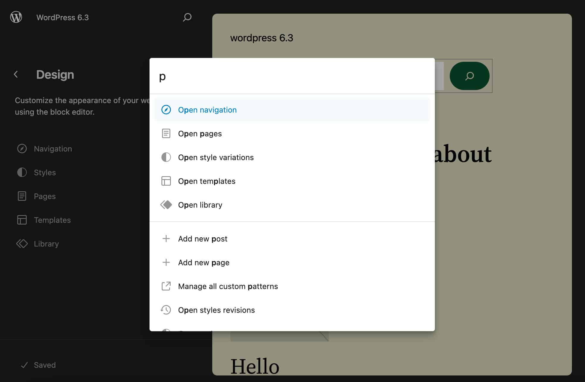 The Command palette in WordPress 6.3