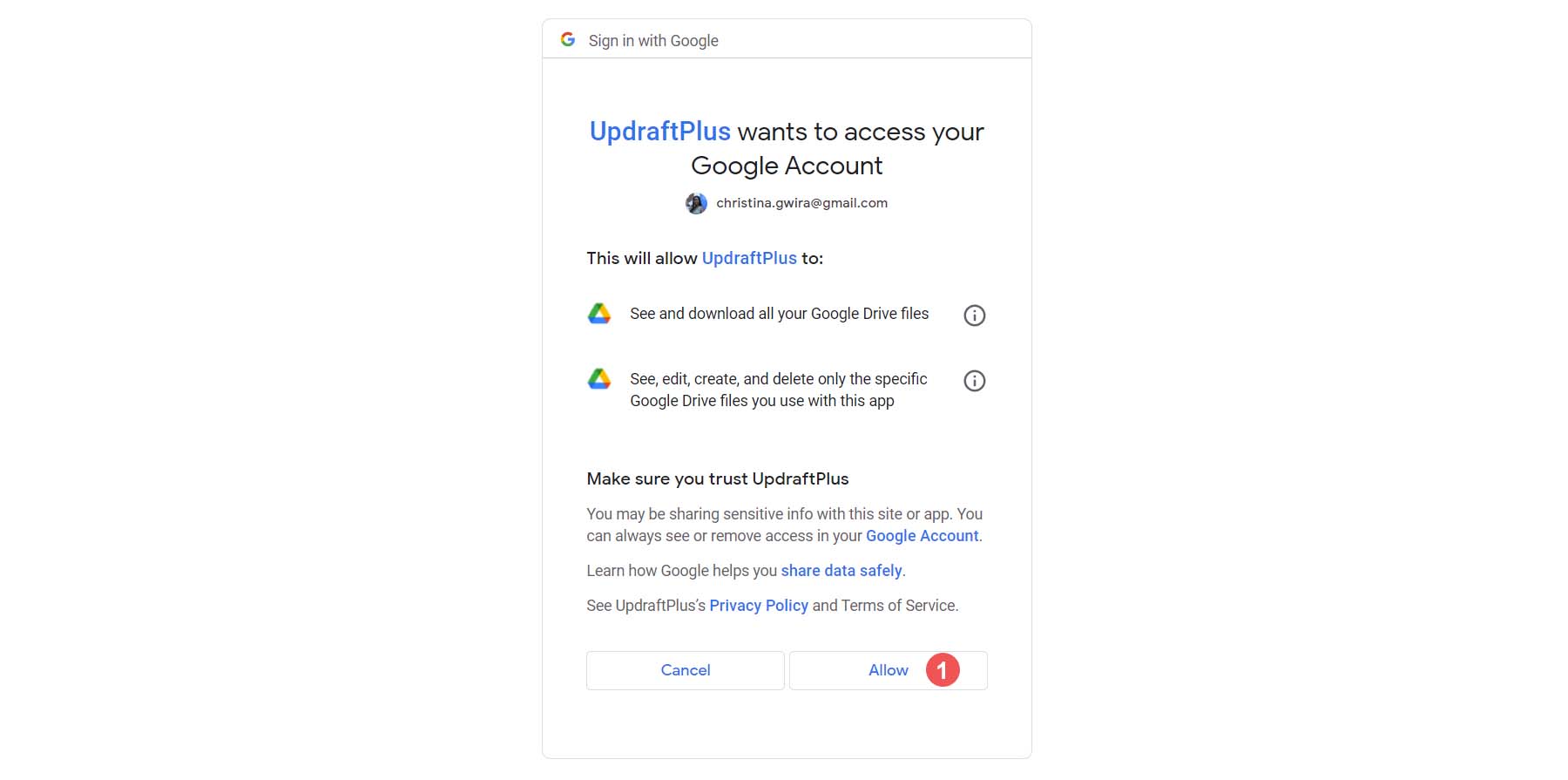 Allow UpdraftPlus access to your Google Account