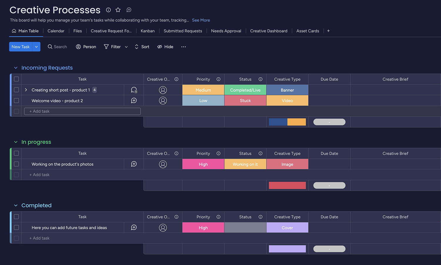 Monday Creative Processes template