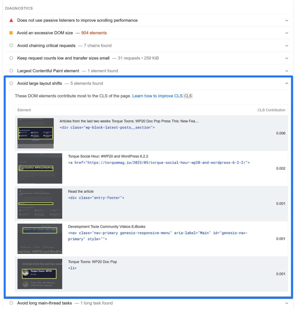 cumulative layout shift elements in pagespeed insights