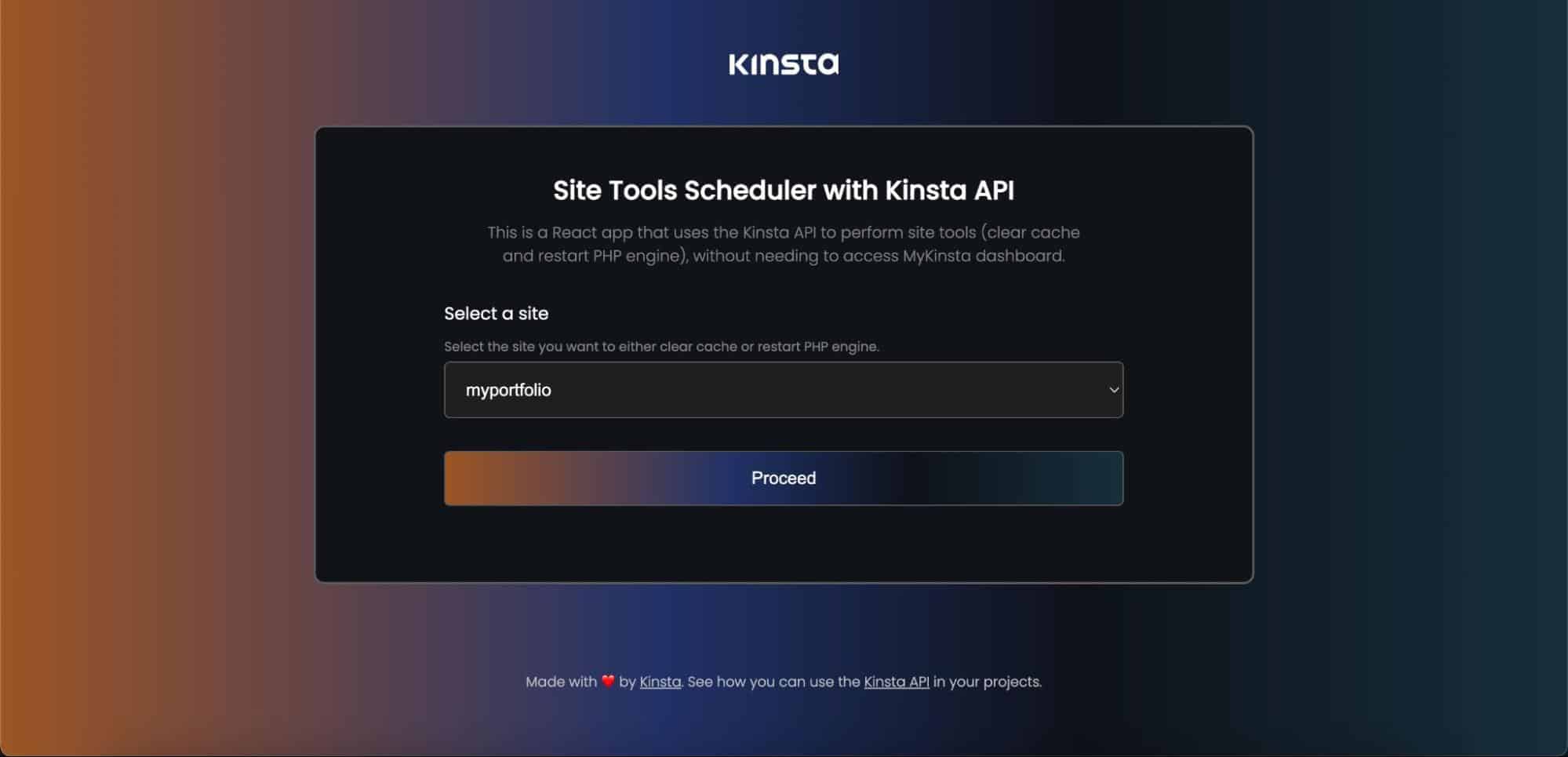 Custom React app for Kinsta site tools management