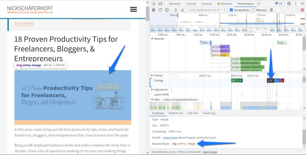 find lcp element via chrome developer tools