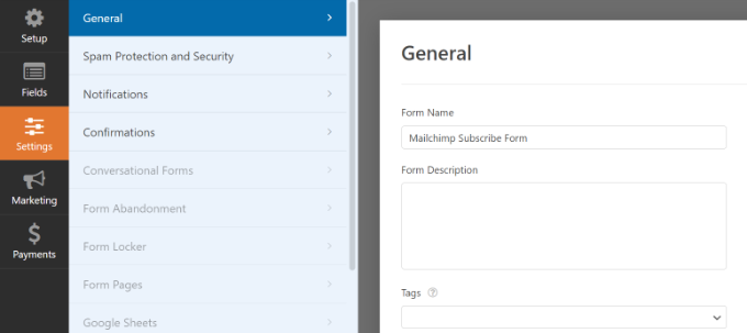 General form settings Mailchimp