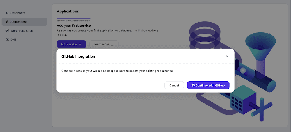 The MyKinsta Applications page showing a popup dialog to integrate with GitHub. There is a brief description of what you do, and buttons to both Cancel the integration or Continue with GitHub.